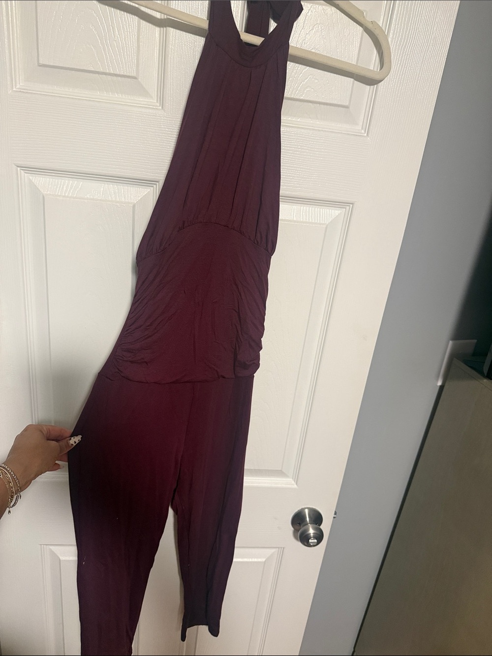 Women's Sleeveless Halter Jumpsuit in Deep Plum capri style.